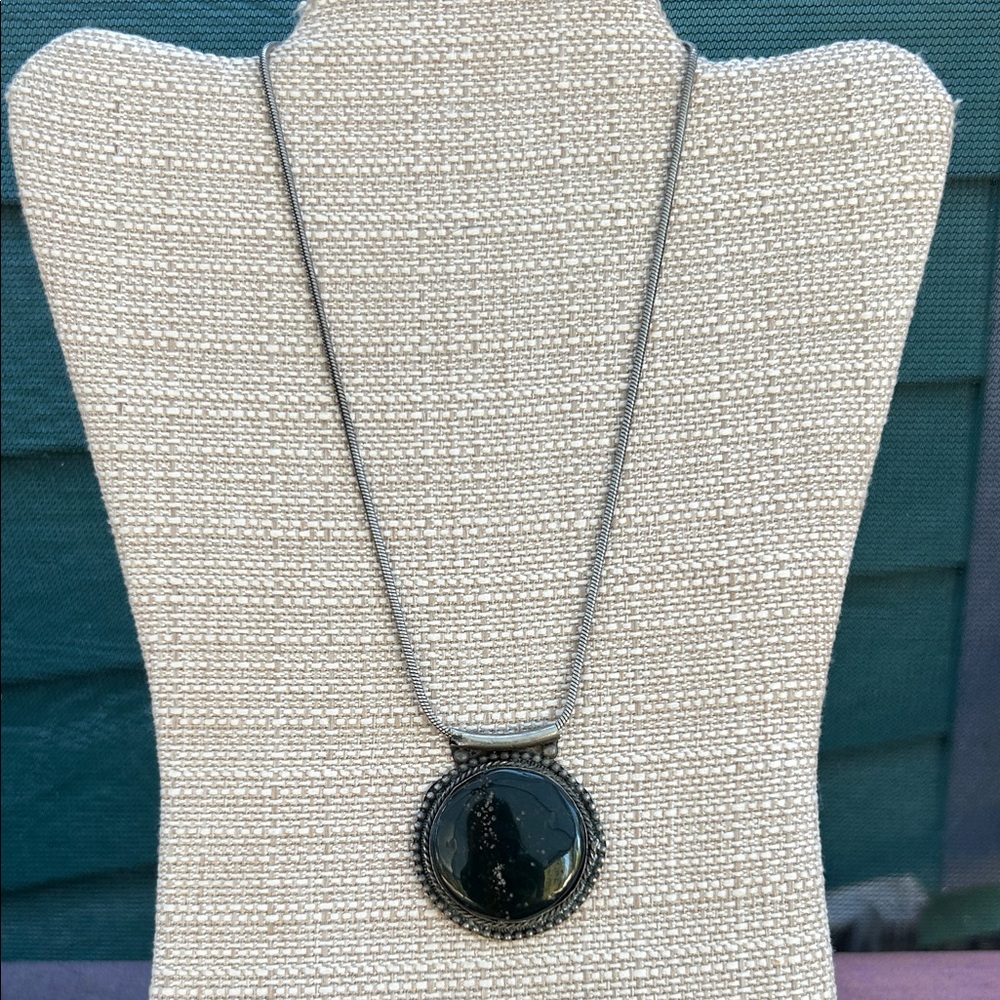 Handcrafted artisan made vintage 925 silver Obsidian Black Pendant Necklace